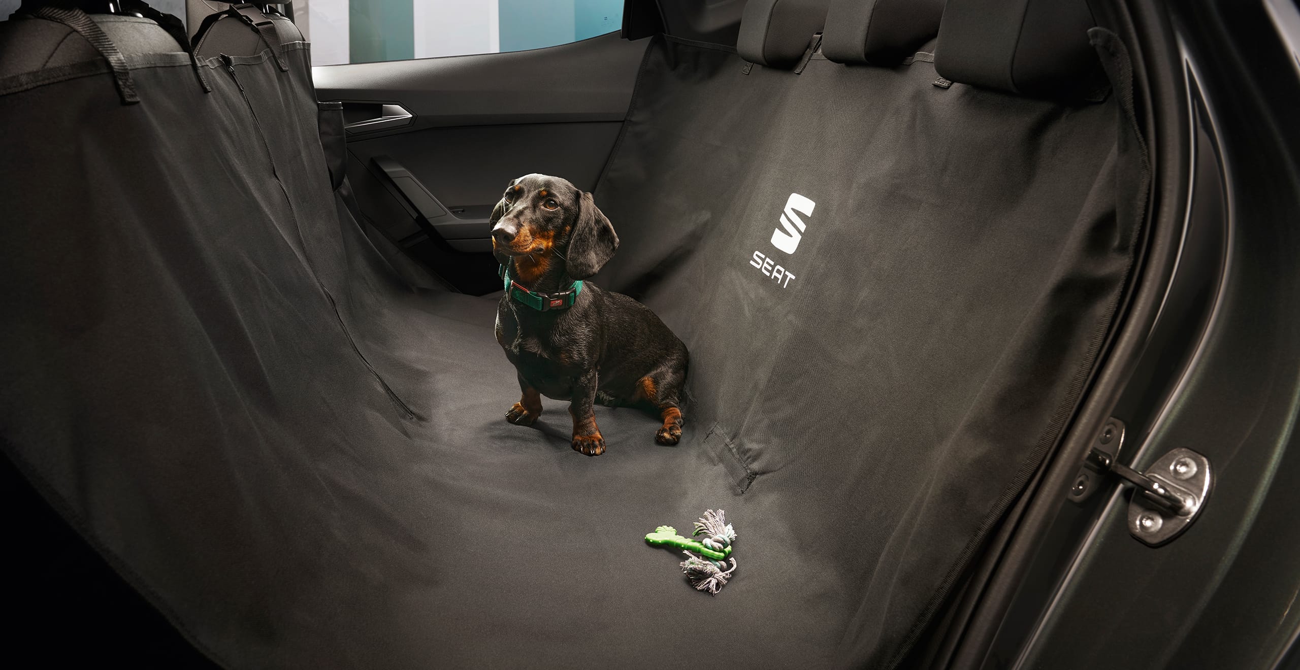 Perro dentro de SEAT Arona con cubierta para silla