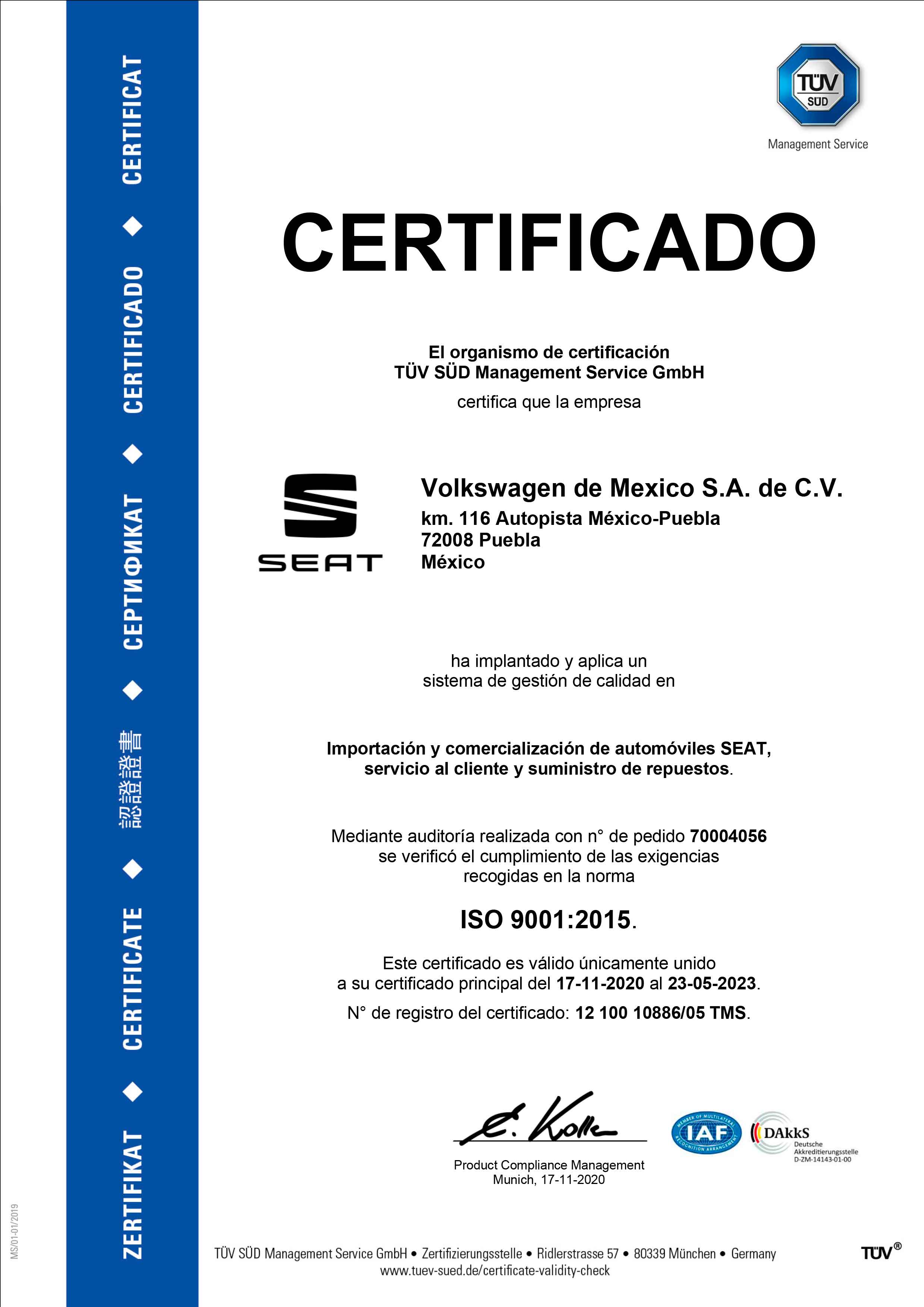 Certificado Iso 9001 Seat México
