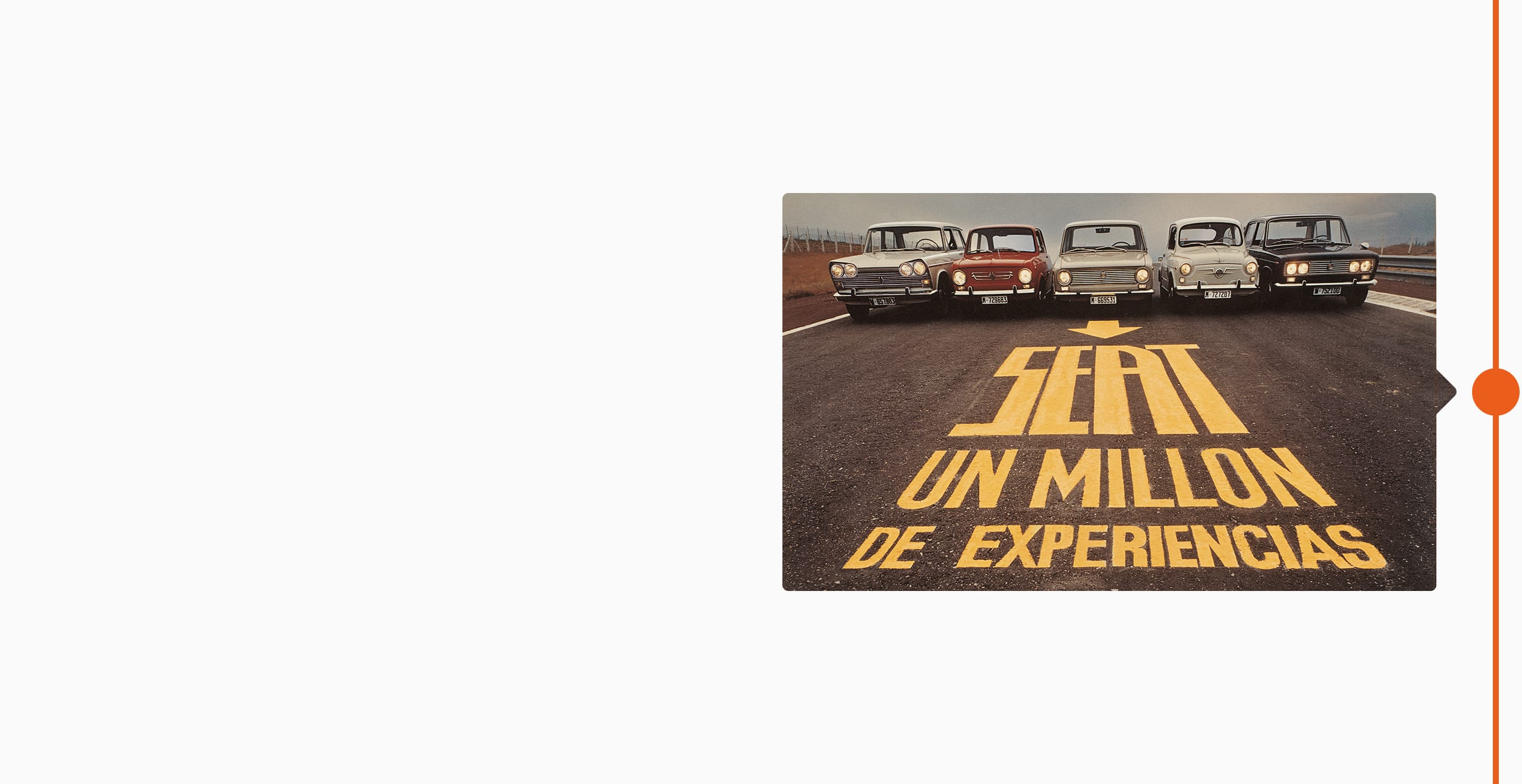 SEAT Historia de la marca 1974: cinco autos clásicos alineados en una calle, un millón de experiencias.